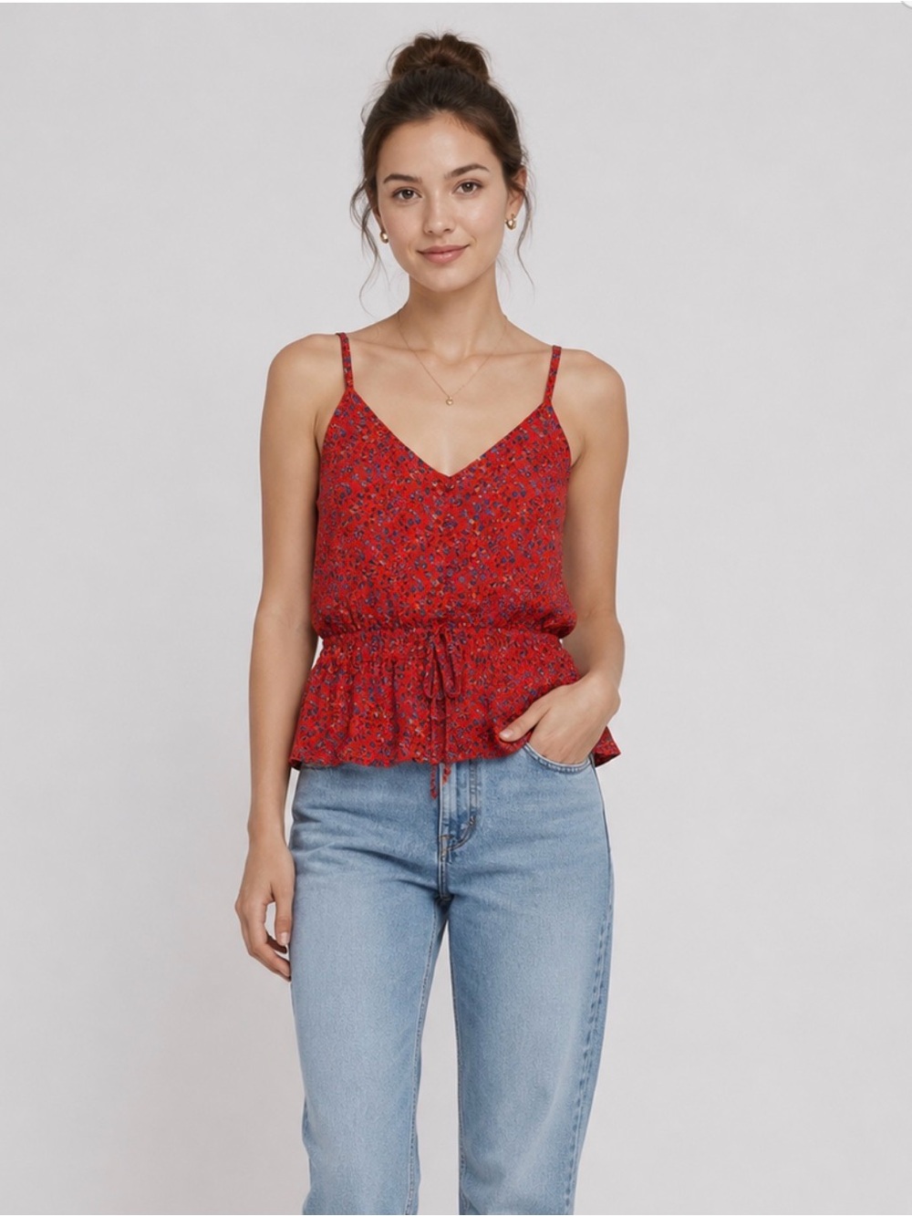 Coral Floral Tank Peplum V-Neck Adjustable Waist Button Flowy Summer Women S